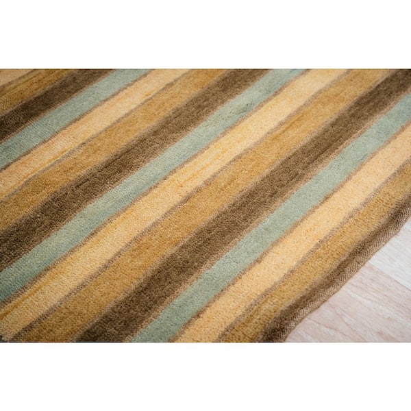 Contemporary Brown Hand-Knotted Wool Area Rug with Stripes and Squares Pattern, Area Rug