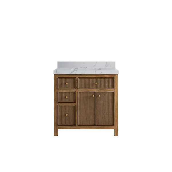 Willow Collections Sonoma Teak 36 in. W x 22 in. D x 36 in. H Single Sink Bath Vanity Center in Dark Natural with 2 in. Venatino Quartz Top