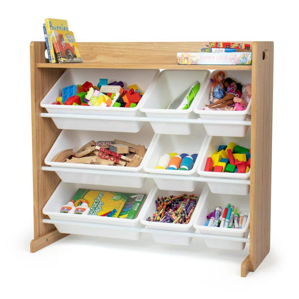 Natural Wood and White Kids Toy Storage Organizer with 9 Bins