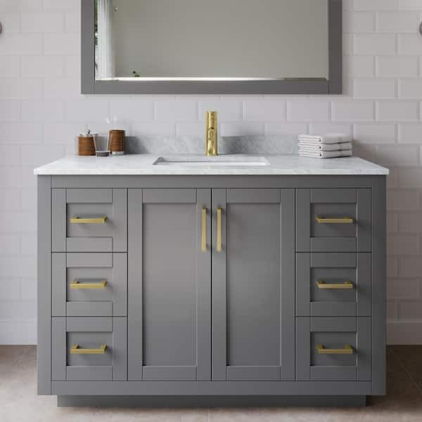 Wyndham Collection Miranda 48 in. W Single Bath Vanity in Dark Gray with Marble Vanity Top in White Carrara with White Basin