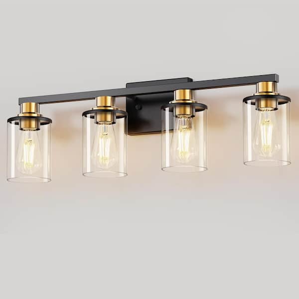 28 in. 4-Light Black and Gold Vanity Light for Bathroom or Bedroom with Clear Glass Shades