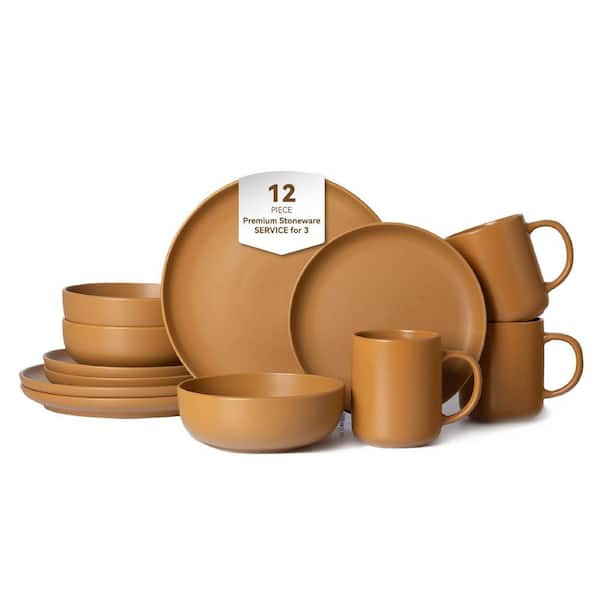 12-Piece Stoneware Dinnerware Set with Mugs (3-Person Use) in Orange