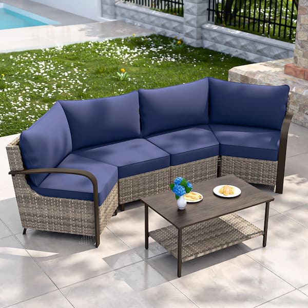 5-Piece Wicker Patio Conversation Sectional Seating Set with Blue Cushions