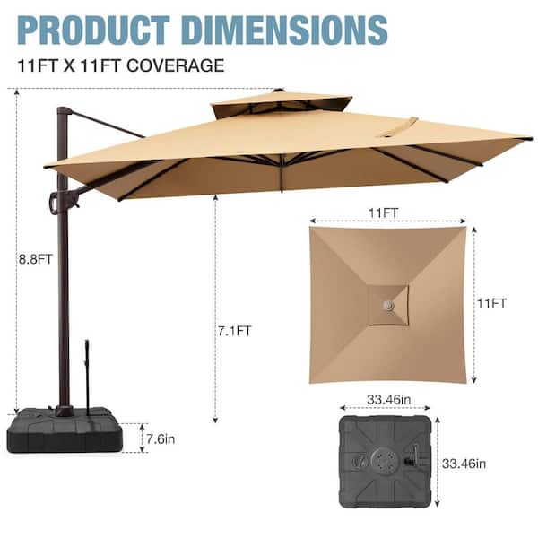 CLOUDFLY 11 ft. x 11 ft. Cantilever Patio Umbrella with 360 Rotation  Double Top Outdoor Umbrella and 300 lbs HDPE Base in Tan 57PU39UTAN - The Home  Depot