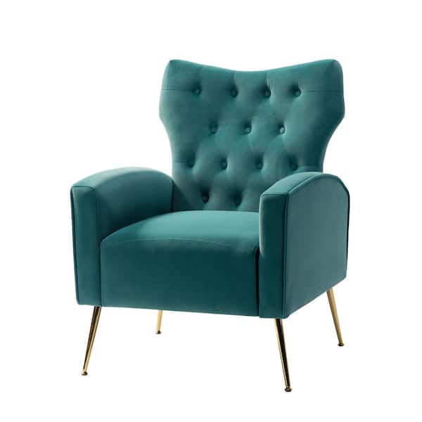 JAYDEN CREATION Brion Modern Blue Velvet Button Tufted Comfy Wingback Armchair with Metal Legs