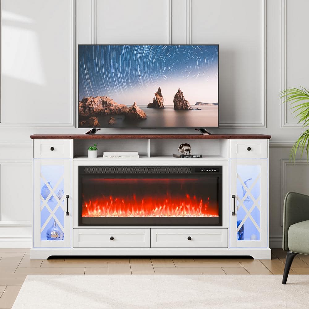 VEVOR 80 in. Fireplace TV Stand, Media Storage Corner with 42in. Fireplace, Storage Drawers and Cabinets, Brown + White