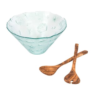 Recycled Clear Glass 12"W x 6"H, Coastal Salad Bowl and Olive Wood Servers