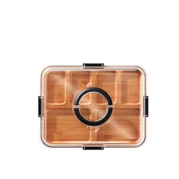 14.4 in. Modern Black Bamboo Charcuterie Serving Board with Lid 6 Compartments, Travel Portable Cheese Cutting Board