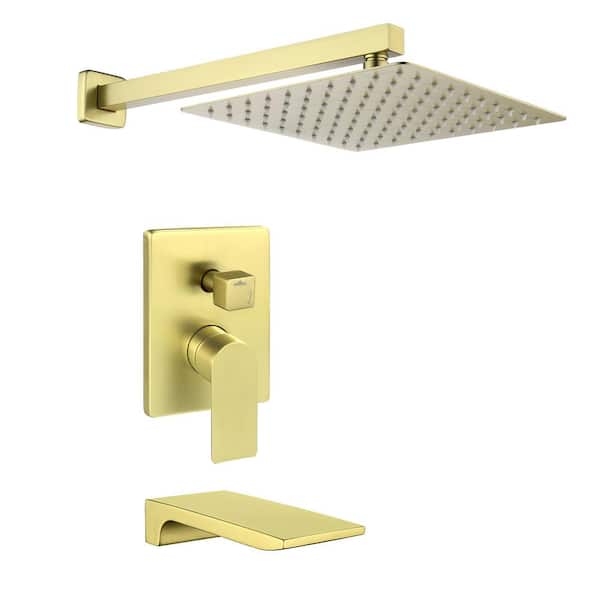 Fapully Single Handle 2-Spray Tub and Shower Faucet 10 in. Head Shower 2.5 GPM with Drip Free in. Brushed Gold Valve Included