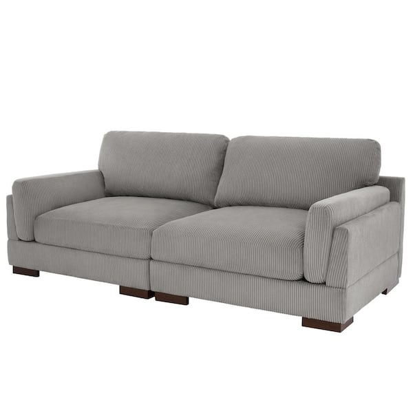 Uixe 90.6 in. Modern Square Arm Corduroy Fabric Rectangle Upholstered 2-Seater Sofa in. Light Gray with Wood Frame