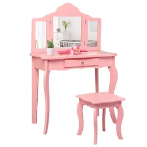 Pink Kids Vanity Table and Stool Princess Dressing Make Up Play Set for Girls Playard