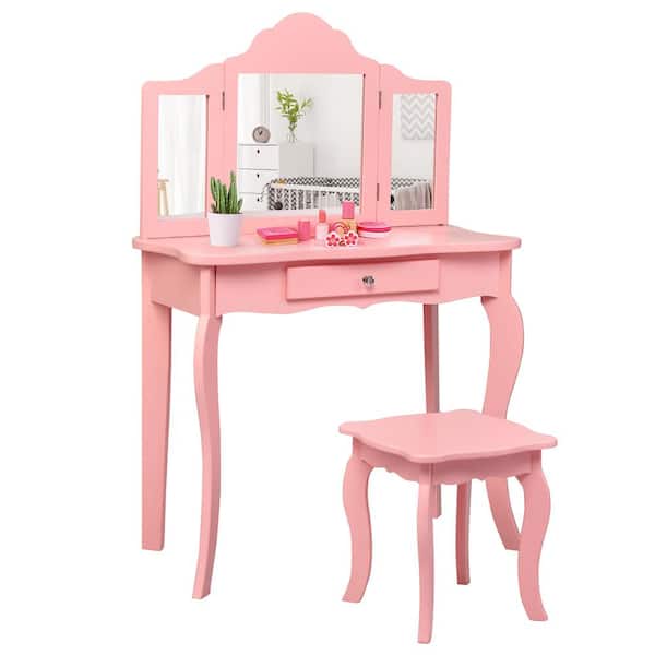 Costway Pink Kids Vanity Table And, Pink Wooden Play Vanity Set