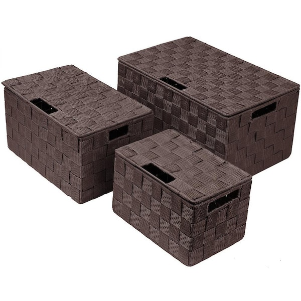 3 Sizes Storage Basket with Lid, Mesh Hand-Woven Organizers, Brown 13.5 in. x 6.9 in. Plastic Decorative Box Set of 3