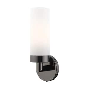Aspen 11.75 in. 1-Light Black Chrome ADA Wall Sconce with Satin Opal White Glass