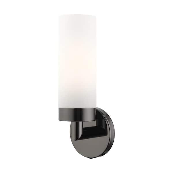 Livex Lighting Aspen 11.75 in. 1-Light Black Chrome ADA Wall Sconce with Satin Opal White Glass