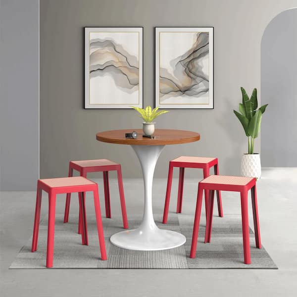 Tresse Stackable Square Dining Stool 18 in. High Backless Wicker-Top Seat for Kitchen, Patio, Garden Set of 2 in Red