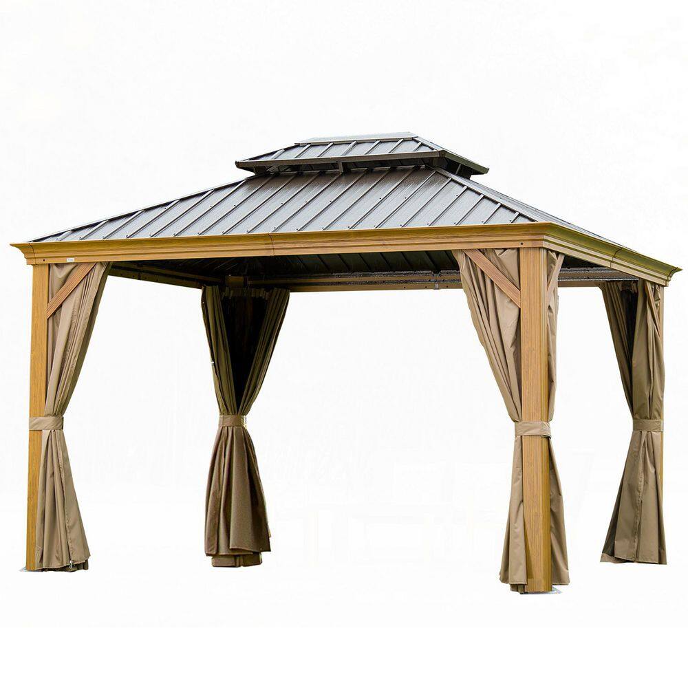 12 ft. x 14 ft. Yellow Brown Hardtop Gazebo, Wooden Coated Aluminum Frame Canopy with Galvanized Steel Double Roof price history on PriceWatchPro