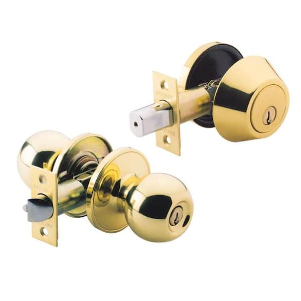 Defiant Polished Brass Ball Knob Entry Combo with Single Cylinder Deadbolt