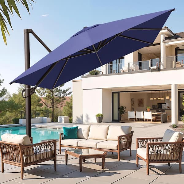 Pellebant 10 ft. x 12.5 ft. Oversized Heavy Duty Aluminum Outdoor Umbrella 360° Swivel Cantilever Patio Umbrella in Navy Blue