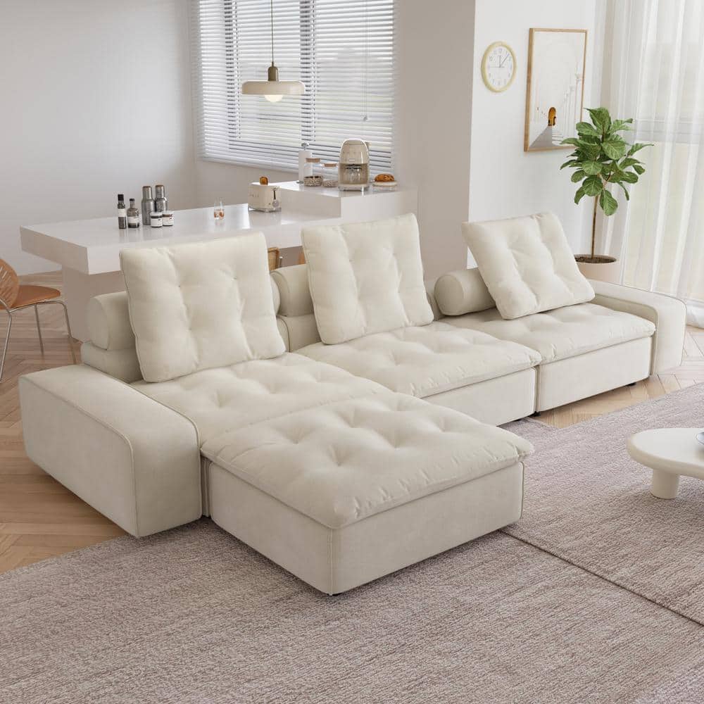 J&E Home 141 in. Wide Square Arm Velvet L Shaped Sofa Couch