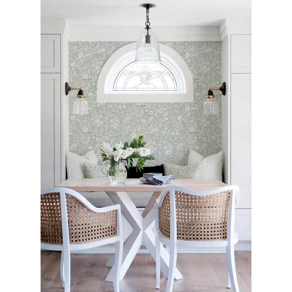Seafoam and White Floral Pre-pasted Washable Wallpaper