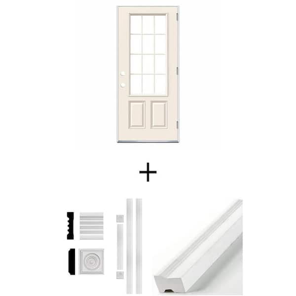 "36 in. x 80 in. Steel Outswing Door, 3/4 in. x 3 in. x 8 ft. MDF Casing, and 1-1/4 in. x 2 in. PVC Brick Mould Set"