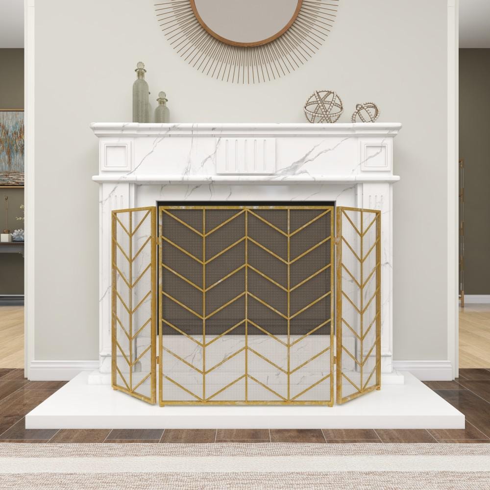 Gold 52" Chevron Pattern Mesh 3-Panel Fireplace Screen