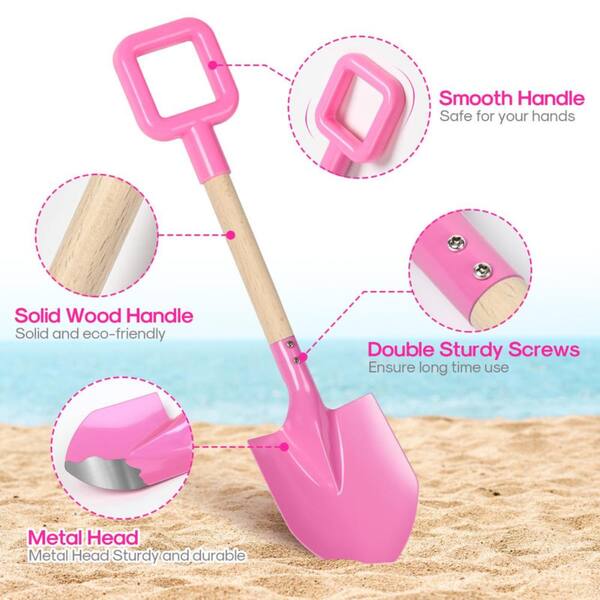 Long Metal Kids Beach and Garden Shovel Set with Wood Handle and