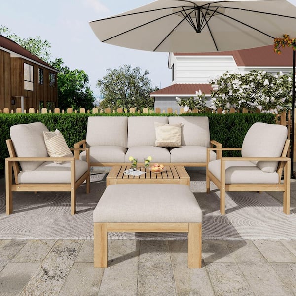 5-Piece Acacia Wood Outdoor Sectional Set with Light Gray Cushions, Patio Sofa Set for Garden, Backyard