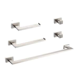 5-Piece Bath Hardware Set with Double Hooks Towel Ring Paper Holder 24 in. and 8 in. Towel Bar in Brushed Nickel