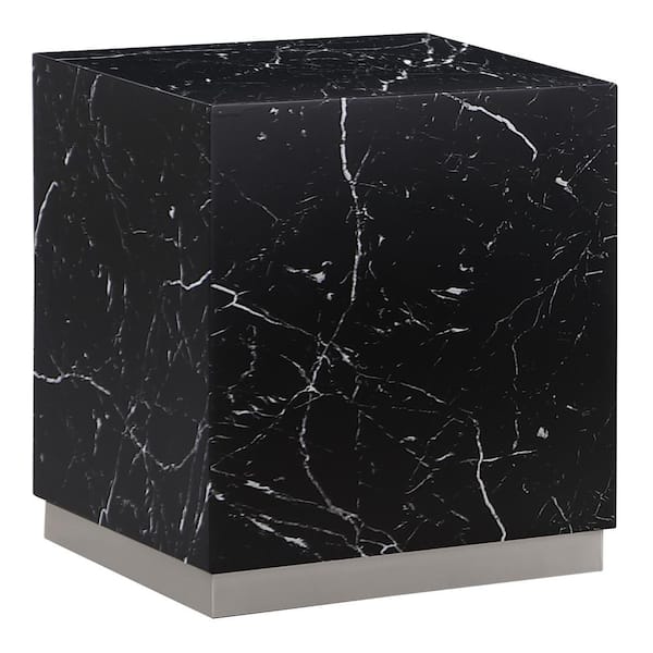 Best Master Furniture Zhuri 19 in. W Square Faux Marble Black End Table in Silver