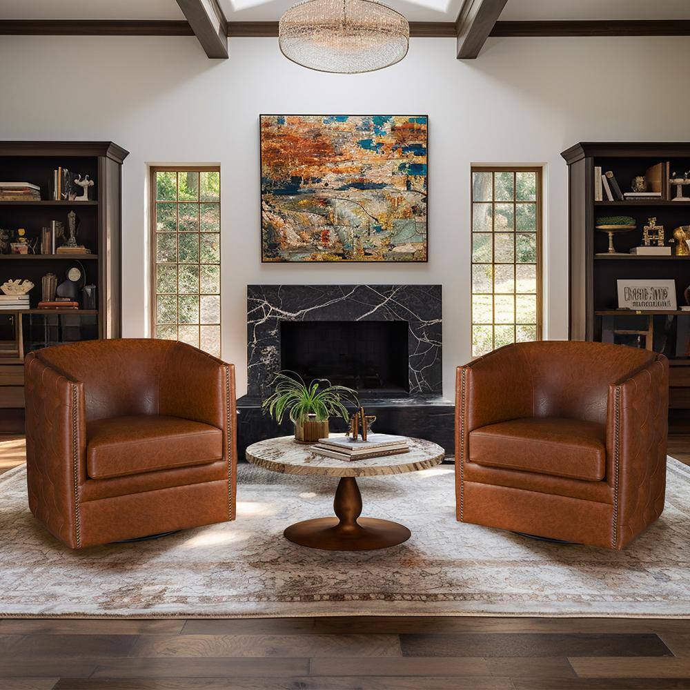 Brown Faux Leather Barrel Swivel Accent Chair with Wood Frame