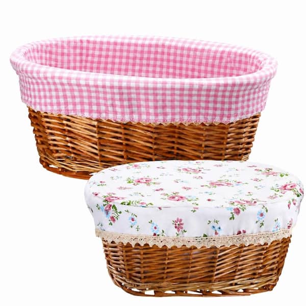 2 Sets Woven Wicker Bread and Fruit Serving Baskets with Removable Canvas Liners and Lids for Warmth