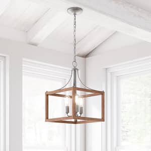 Boswell Quarter 14 in. 3-Light Silver Coastal Pendant Light with Painted Chestnut Wood Accents for Kitchens