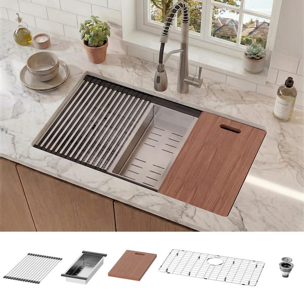 32 in. Undermount Single Bowl 16-Gauge Brushed Stainless Steel Kitchen Workstation Sink with Accessories