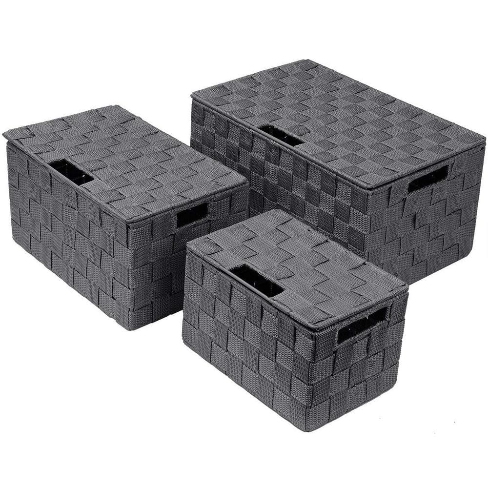 3 Sizes Storage Basket with Lid, Mesh Hand-Woven Organizers, Gray 13.5 in. 