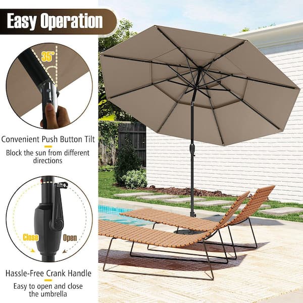 10 ft. Steel Market Solar Patio Umbrella with 32 LED Lights 3-Tier Vented Top in Tan