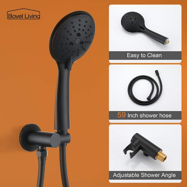 5-Spray Patterns with 2.66 GPM 9 in. Wall Mount Dual Shower Heads with Pressure Balance Round-In Valve in Matte Black 5-Spray Patterns with 2.66 GPM 9 in. Wall Mount Dual Shower Heads with Pressure Balance Round-In Valve in Matte Black
