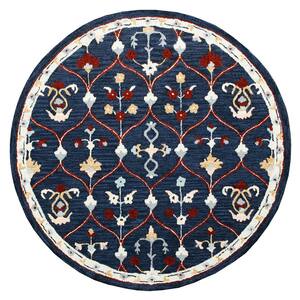 Bella Navy/Red 3 ft. Round Eclectic Hand-Tufted Trellis 100% Wool Round Area Rug