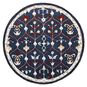Bella Navy/Red 7 ft. 3 in. Round Eclectic Hand-Tufted Trellis 100% Wool Round Area Rug
