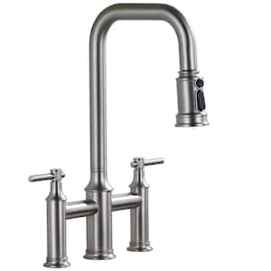 Double Handle Bridge Kitchen Faucet with Advanced Spray in Brushed Nickel