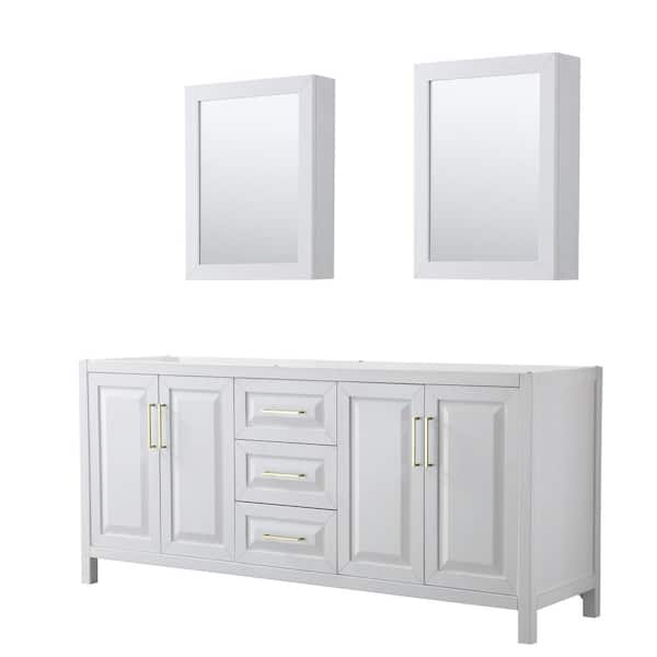 Wyndham Collection Daria 78.75 in. W x 21.5 in. D x 35 in. H Bath Vanity Cabinet without Top in White with Gold Trim and Med Cab Mirrors