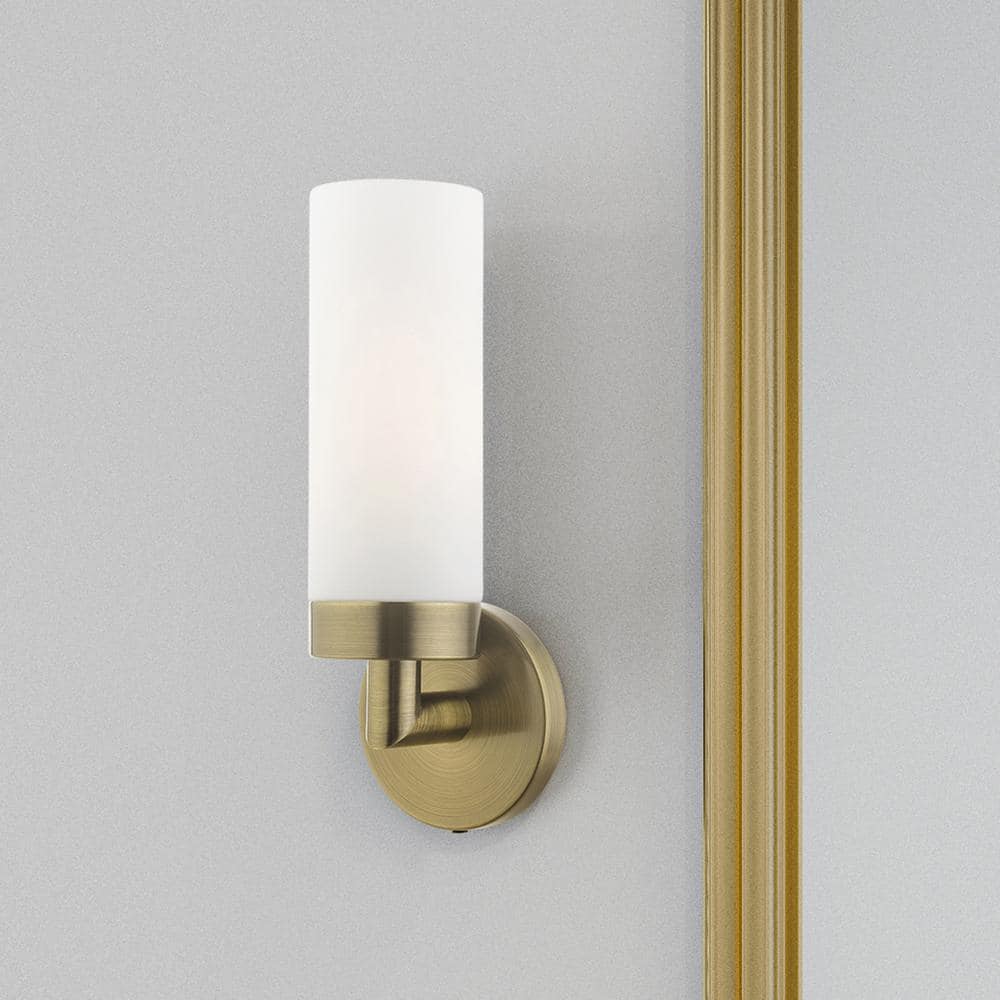 Antique Brass Outdoor Dimmable Wall Sconce with Satin Opal White Glass