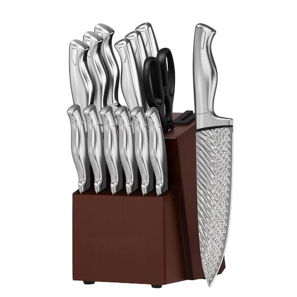 15-Piece Serrated High -Carben Steel Kitchen Knife Set with Block and Built-in Knife Sharpener, German Knife Block Set