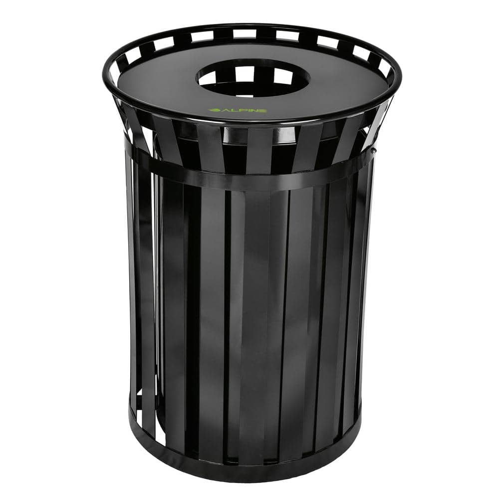 38 gal. Black Metal Slatted Outdoor Commercial Trash Can Receptacle with Li