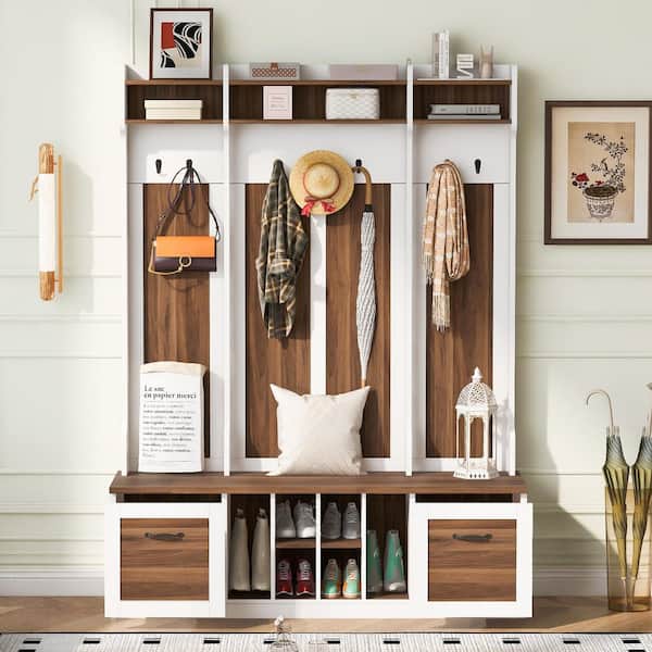 Unbranded 58.8 in. W x 17.7 in. D x 76.7 in. H Brown Wood Hall Tree with Coat Rack, 7-Hooks, 2-Drawers and Adjustable Shelves