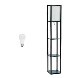 62.5 in. Black Column Shelf Floor Lamp for Living Room, Bedroom, Office, with Linen Shade and LED Bulb