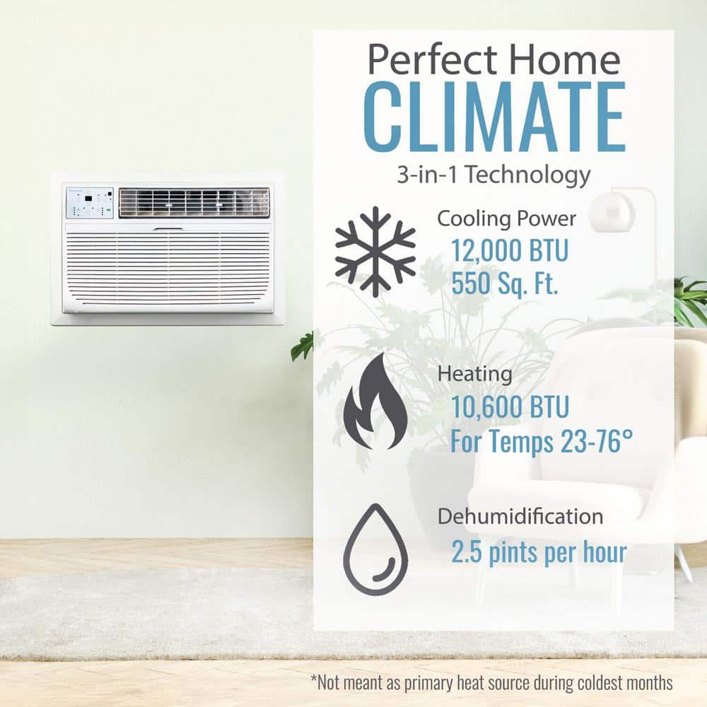 12,000 BTU White Through-the-Wall Air Conditioner with Heater and Remote