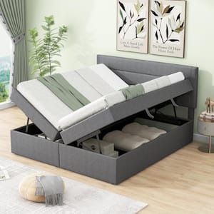 Gray Wood Frame Queen Size Linen Upholstered Platform Bed with Storage Underneath