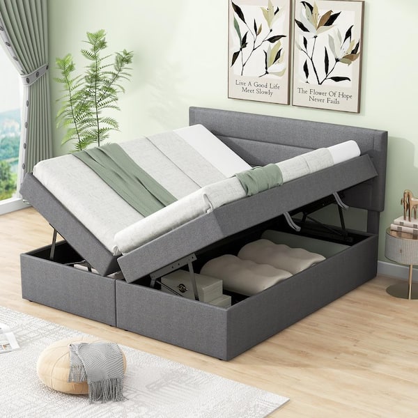 Harper & Bright Designs Gray Wood Frame Queen Size Linen Upholstered Platform Bed with Storage Underneath